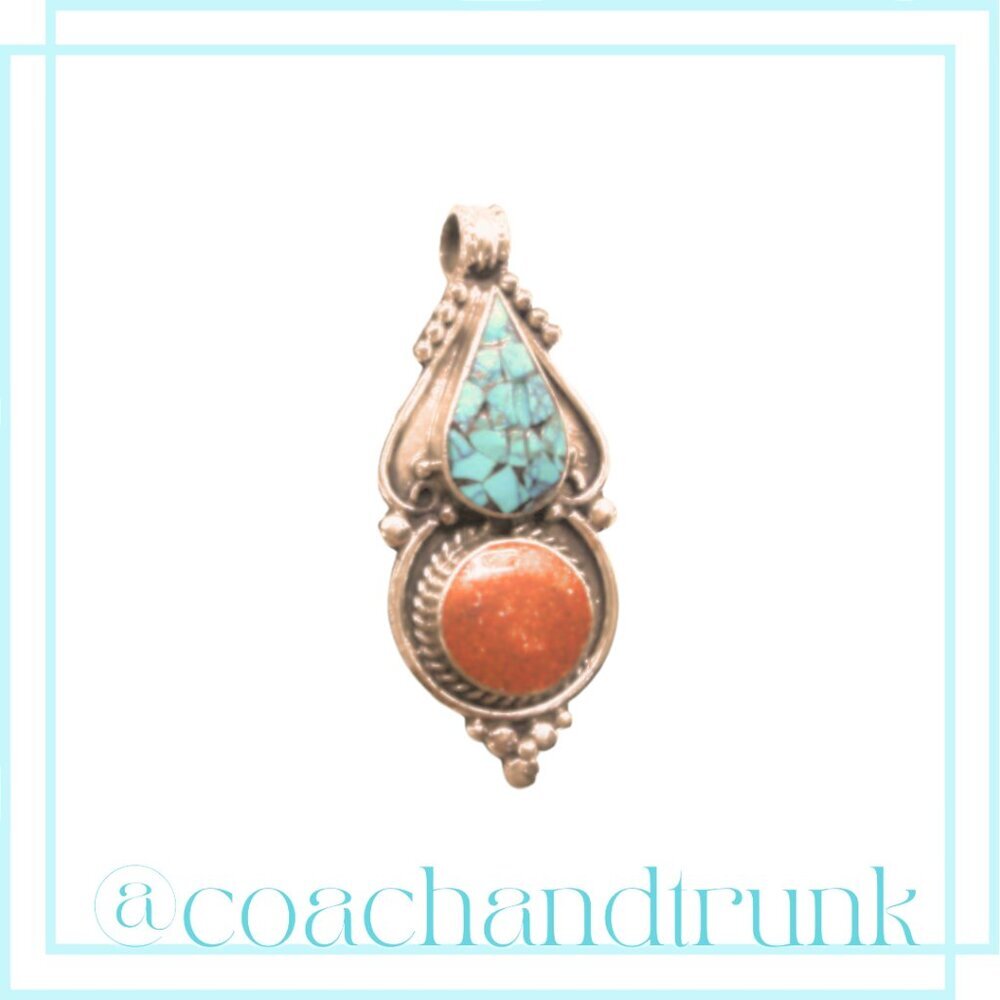 Turquoise‎ Coral Inlay Artisan Ornate Metal Work Handcrafted Silver Pendant Only